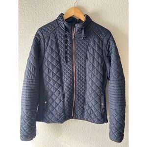 Royalty For Me Navy Blue Quilted Faux Fur Lined Moto Jacket JW1510 Womens Medium